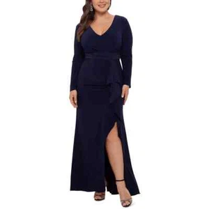 Betsy & Adam Women's Navy "Elle" Long Sleeve Side Ruffled Slit Dress Gown 16 NWT - Picture 1 of 2