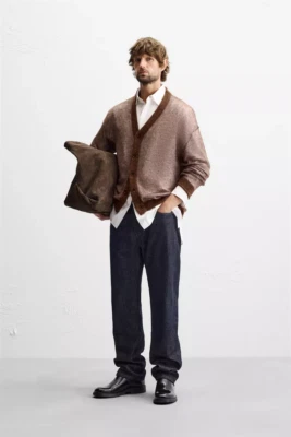Zara Men's Contrast Cardigan-Chocolate Color-Alpaca Wool Blend-Size M-NWT $69 - Image 1 of 4