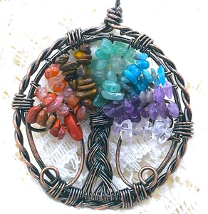 Beautiful! ANTIQUED COPPER Wire Wrapped 7 CHAKRA STONE TREE of LIFE Pendant #23 - Picture 1 of 2