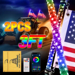 2Pcs 3FT RGB Spiral LED Whip Lights Antenna Chasing + Flag&Remote for ATV UTV - Picture 1 of 7