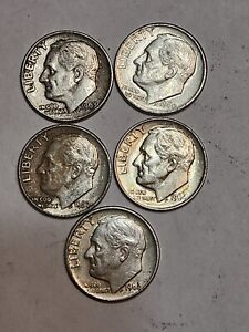 Lot of 5 ($.50 FV) Roosevelt Silver Dimes, various dates (1946-64)