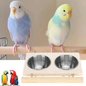 Double Stainless Steel Food & Water Feeding Bowls With Wooden Stand for Birds RY