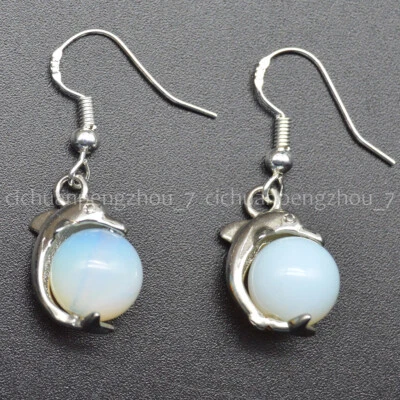 Collar colgante de delfín bola redonda de ópalo blanco de 14 mm + conjunto de joyas de pendientes de 10 mm Foto 1 de 4