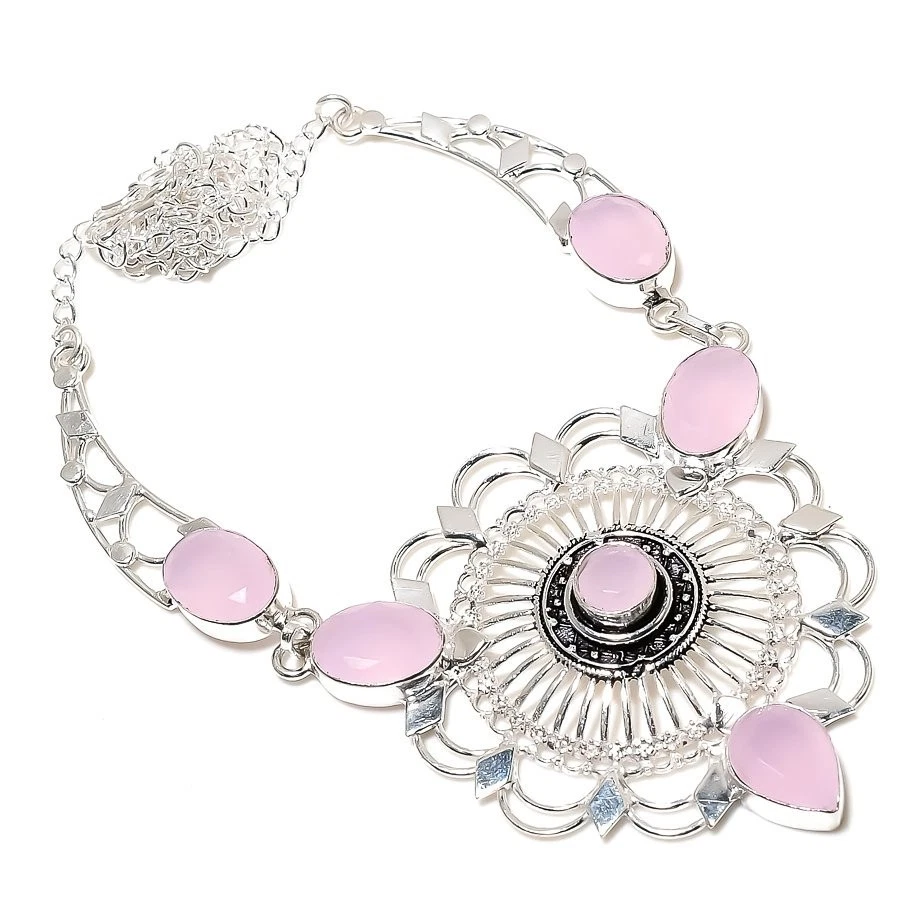 Collar de joyería de plata de ley 925 hecho a mano con piedras preciosas de cuarzo rosa tamaño 18" Foto 1 de 1