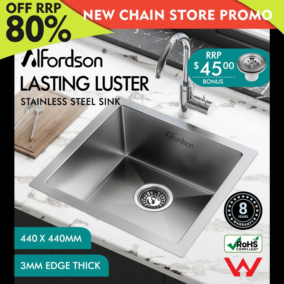 ALFORDSON Kitchen Sink Stainless Steel Drop in Flush Under Mount Bowl 440X440MM