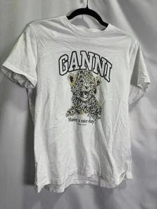GANNI Off-White Leopard Graphic Relaxed T-Shirt Size M with Small Hole - Picture 1 of 8