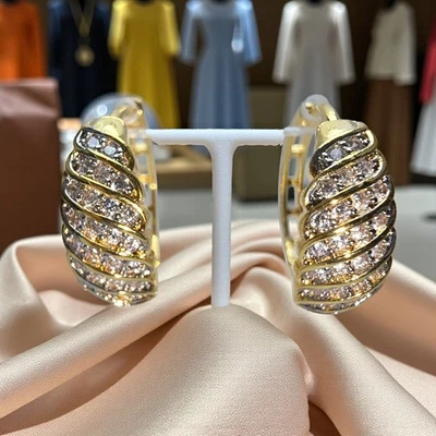 Luxuriöse Damen 14K Gelbgold vergoldet Klappcreole Zirkonia Glamour Ohrringe #14 - Bild 1 von 4