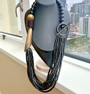 Vintage Necklace X Large Statement Piece Bone Wood Barrel Beads Toggle 30 inch - Picture 1 of 12