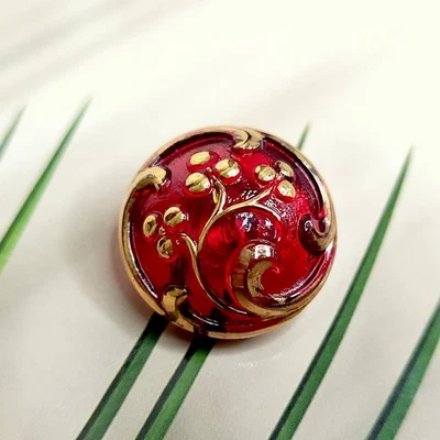Glass Button 22mm  Art Deco Red and Gold Tone Glass Button Flowers Style - Image 1 of 4