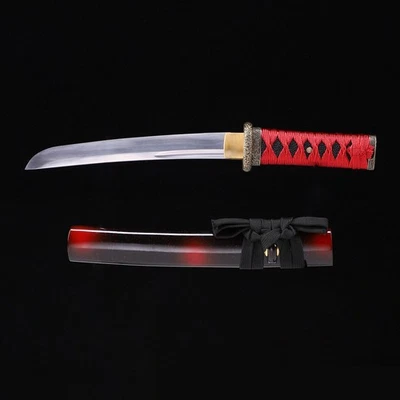 Handmade Japanese Tanto 1060 Carbon Steel Black Red Lacquered Wood Saya Alloy Fi - Image 1 of 4