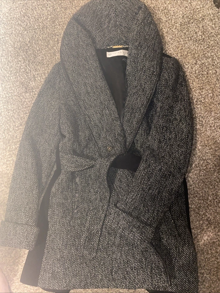 Trina Turk Black White Herringbone Wool Blend Belted Wrap Car Coat Size 10 10P - Image 1 of 4