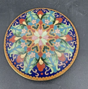 Vintage chinesische blaue Cloisonné Emaille Messing runde Schatulle. 4” x 1” - Bild 1 von 6