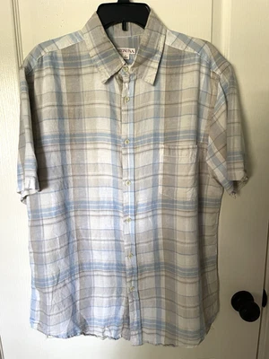 Merona Mens Button Front Short Sleeve Shirt Size L Beige and Blue Check Pattern - Image 1 of 3