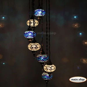 Hängelampe Deckenlampe Orientalische Türkei Mosaiklampe 7 L Kugeln Weiß Blau - Bild 1 von 5