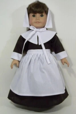 DK BROWN Amish Pilgrim Dress Apron Hat Doll Clothes For 18” American Girl (Debs* - Image 1 of 4