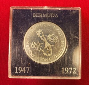 1972 Bermuda Silver .925 One Dollar Coin, UK Elizabeth II Prince Philip Wedding - Picture 1 of 2