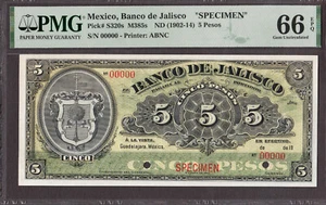 Mexico Banco de Jalisco 5 Peso 1902-14 SPECIMEN M385s P-S320s GEM UNC PMG 66 EPQ - Bild 1 von 2