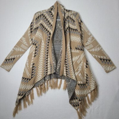 Poncho cárdigan suéter cara abierta de gran tamaño con borlas azteca beige exuberante para mujer pequeño Foto 1 de 4