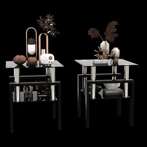 2-Piece Modern Tempered Glass Coffee/End Table Set for Living Room, Black - Picture 1 of 12
