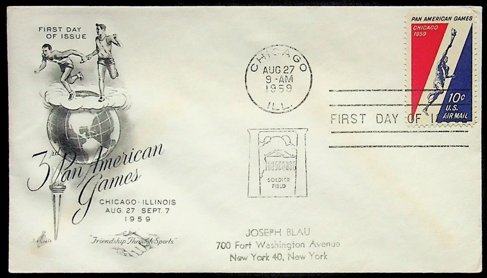 1959 First Day of Issue 10¢ Pan American Games Air Mail Chicago IL Postmark - Image 1 of 2