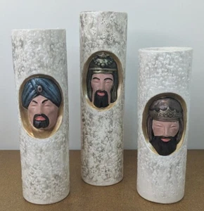 Vtg The 3 Wise Men Ceramic Candle Holders Textured w/Raised 3D Faces CHRISTMAS - Picture 1 of 9