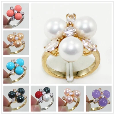 Valentine's Day 8mm Sea Shell Pearl Jade 18K Gold Plated Ring Women Jewelry Gift - Image 1 of 4