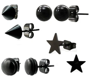 NEW Mens Black Steel Stud Earrings BALL Disc STAR Tribal SINGLE or PAIR (N8) - Picture 1 of 19