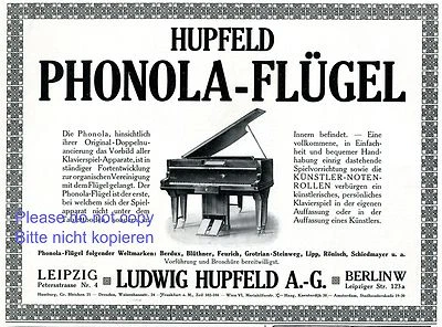 Pianoforte Phonola Hupfeld pubblicità 1911 Berlino ruolo musicale autosuonante pianoforte a coda + - Immagine 1 di 2