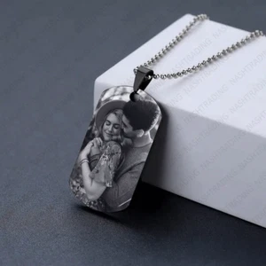 Personalised Photo Laser Engraved Pendant Dog Tag Square Necklace Christmas Gift - Picture 1 of 7
