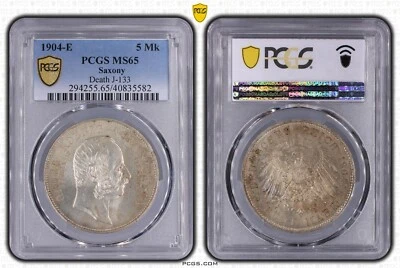 Coin Mark Silver Saxony 5 MARK 1904 Death King George PCGS MS65 Great nswleipzig - Image 1 of 2