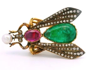 Antique Gold GIA Emerald Ruby Diamond & Pearl Large Fly Insect Pin Brooch - Picture 1 of 12