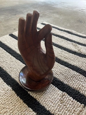 VTG Handmade Carved Dark Brown Wooden Hand | Buddha Vitarka Mudra | Rustic MCM - Image 1 of 4