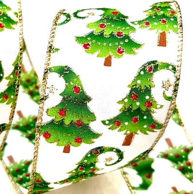Christmas Grinch Trees 2.5" by 2 yds Wired Whimsical Gold Glitter Snow Red - Image 1 of 4