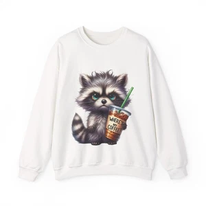 Funny Coffee Raccoon Sweatshirt “Where’s My Coffee?” Unisex Cozy Fall Pullover - Picture 1 of 21
