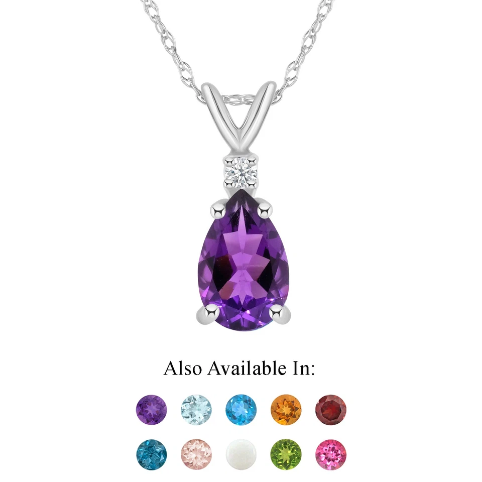 14K White Gold 8x5mm Pear Shape Genuine Natural Amethyst Diamond Accent Pendant - Image 1 of 4
