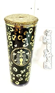 1 CUSTOM 24oz CLEAR DOUBLE WALL CUP TUMBLER STARBUCKS GOLD LEOPARD PRINT w/LID - Picture 1 of 9