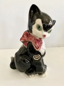 Royal Copley Black Tuxedo Cat W/Label Figurine Green Eyes Pink Bow Kitschy Vtg - Picture 1 of 19