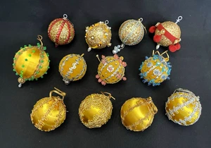 Lot 12 Handcrafted Push Pin Bead Sequin Satin Ball Christmas Ornaments Vintage - Picture 1 of 8