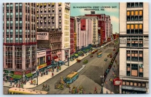 Postcard IN 1946 Indianapolis Washington Street Looking East Street Car Linen N7 - Picture 1 of 2