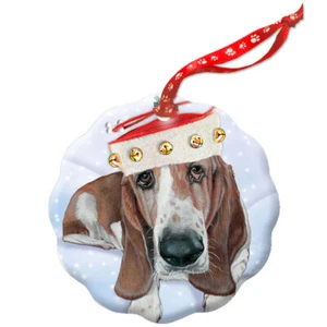 Basset Hound Bells Holiday Porcelain Christmas Tree Ornament Double-sided - Picture 1 of 2