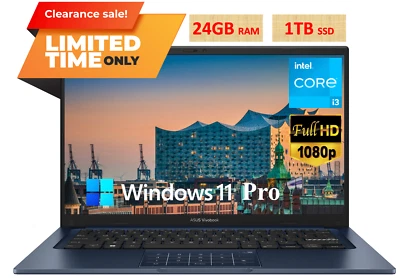 2024 ASUS Vivobook Laptop 14" FHD 6-Core Intel i3  24GB RAM 1TB SSD Win 11 Pro - Image 1 of 4