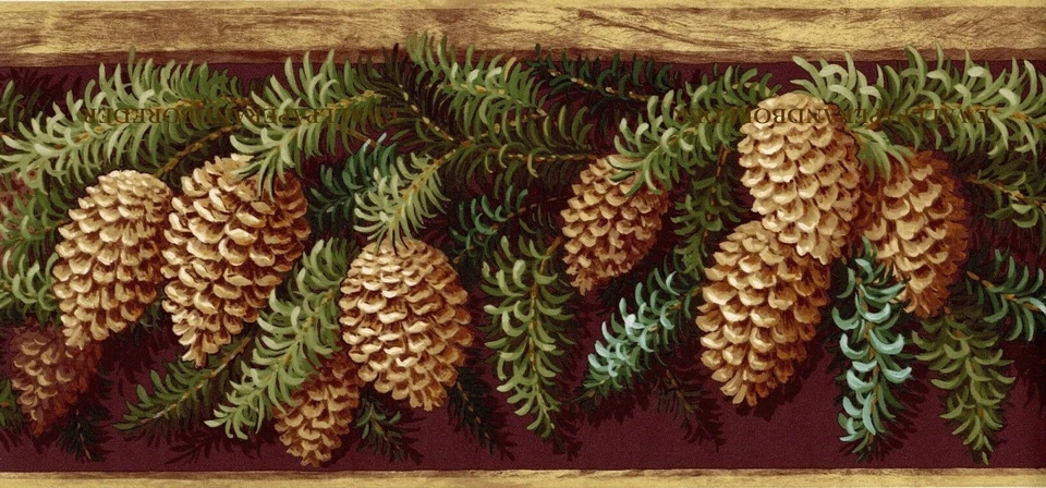 Rustic Pinecone Wallpaper Border Camper Boughs Trail Leaf Country Green Brown - Image 1 of 4