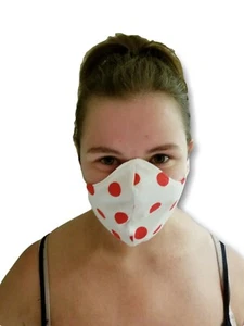 100% cotton and Poly face mask lined with filter mesh lining white red dots - Picture 1 of 2