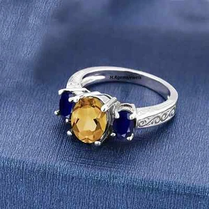 Vintage Natural Yellow Topaz And Blue Sapphire Ring, Golden Topaz And Sapphire - Picture 1 of 4