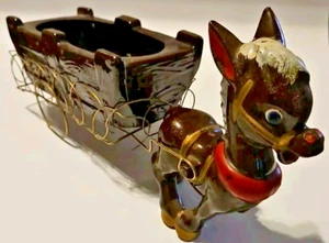  1950 Red Ware Hand Painted Ceramic Brown Burro Donkey Metal Cart Planter Broke  - Picture 1 of 13