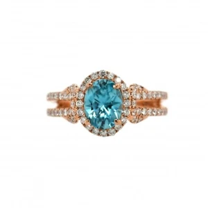 Blue Zircon Oval 1.82 Carat Halo Ring In 14k Rose Gold With Diamonds (35636) - Picture 1 of 7