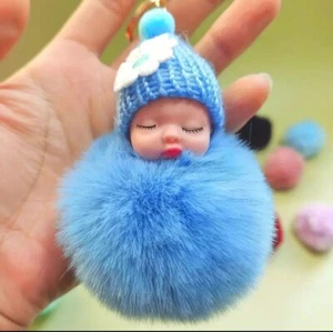 Sleeping Doll Blue Baby Furry Ball Key Chain Ring Backpack Charm Brand New - Picture 1 of 4