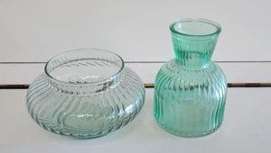 MINI BOTTLENECK VASE AND CANDLE HOLDER RIBBED SHADES OF TEAL 4 AND 2.75 INCHES - Picture 1 of 10