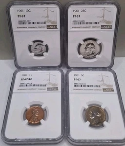 1961 4 COIN SILVER PROOF SET 1c, 5c, 10c, 25c NGC GRADED PF67.  NO 50C COIN  - Picture 1 of 11