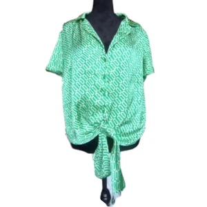 Eclair Women's Size Large Green & White Short Sleeve Silky Blouse - Picture 1 of 6